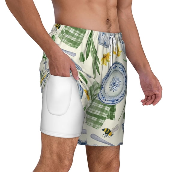 Uemuo Vintage Utensils Pattern Mens Swim Trunks Quick Dry Board Shorts with Mesh Lining, Stretch Beach Shorts Quick Dry No-Chafing Board Shorts-XX-Large