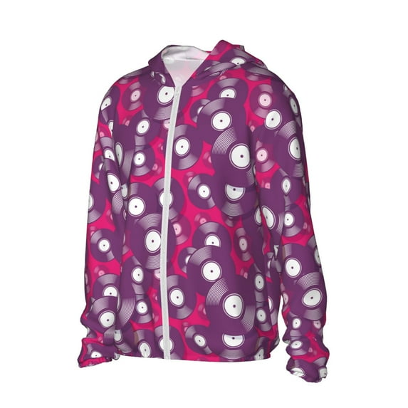 Uemuo Vintage Vinyl Record Pattern Women's Full Zip UPF 50+ Sun Protection Hoodie Jacket Long Sleeve Sun Shirt Hiking Outdoor Performance with Pockets-X-Large