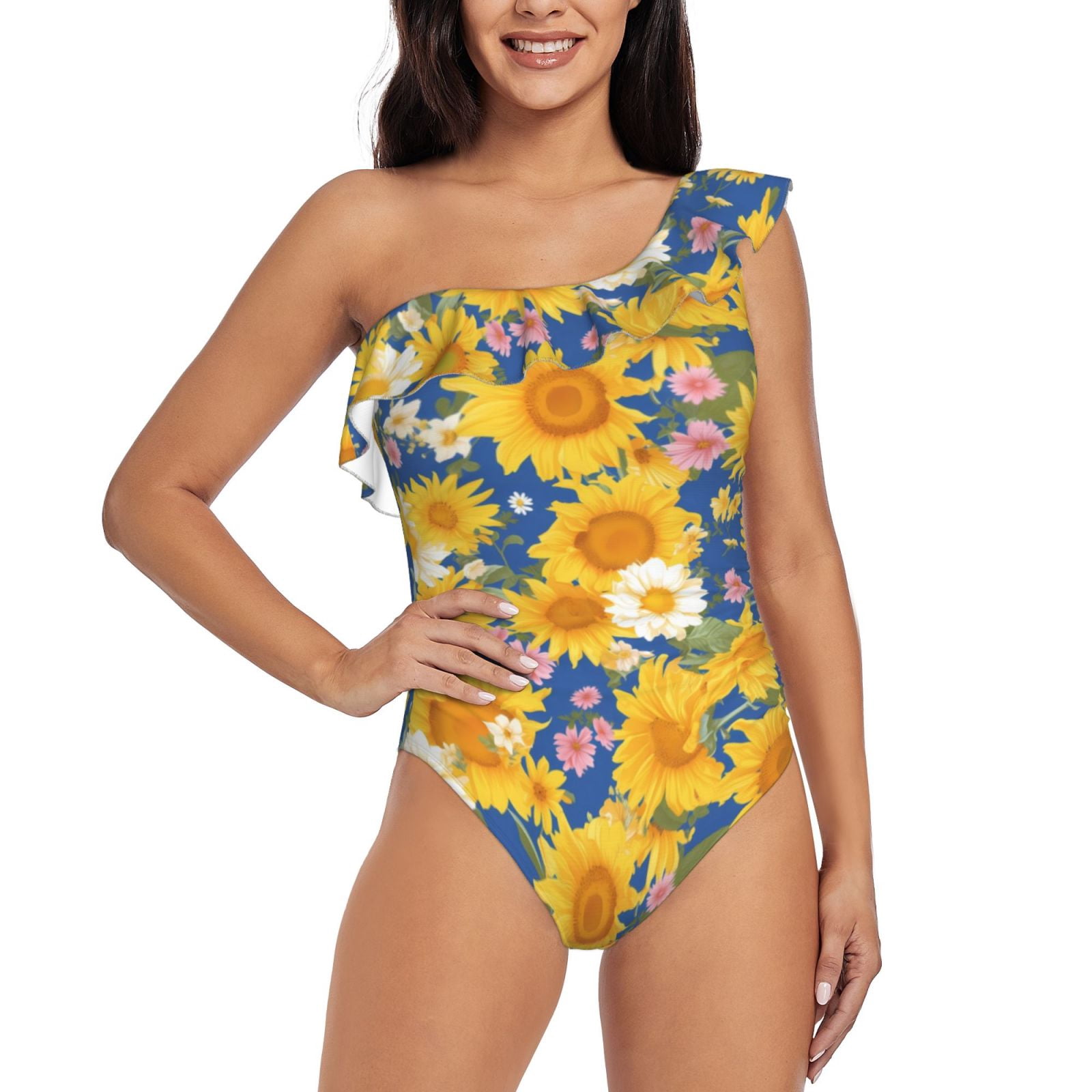 Blue Sunflower Print One Piece Swimsuite