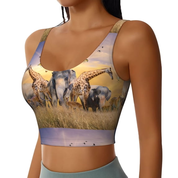 Uemuo Vintage Wildlife Protection Pattern Women's Sports Bra - High Impact Support, Breathable, and Comfortable Athletic Bra for Running, Yoga, and Workouts