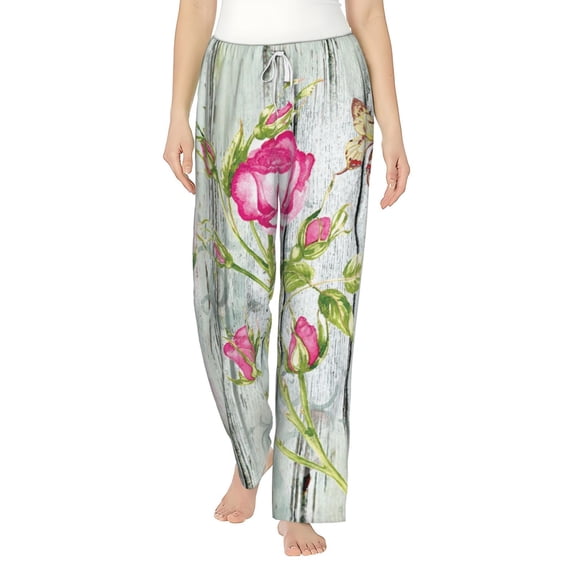 Uemuo Vintage Wood Background with Floral Pattern Women's Wide Leg Palazzo Lounge Pants with Pockets Light Weight Loose Comfy Casual Pajama Pants-X-Large