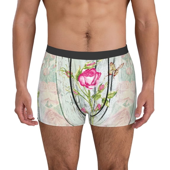 Uemuo Vintage Wood Background with Floral Pattern Men's Boxer Briefs,Trunk Anti-Chafing,Comfortable, Durable, and Stylish Underwear-Large