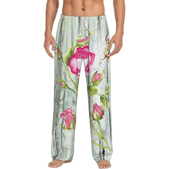 Uemuo Vintage Wood Background with Floral Pattern Men's Wide Leg Palazzo Lounge Pants with Pockets Light Weight Loose Comfy Casual Pajama Pants-Small