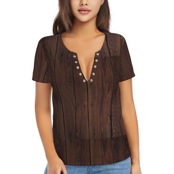 Uemuo Vintage Wood Drawing Women's Deep V-Neck Low Cut Tops - Casual Loose Fit with Stainless Steel Loop, Soft, Breathable, Perfect for Office, Travel, and Daily Wear-Large