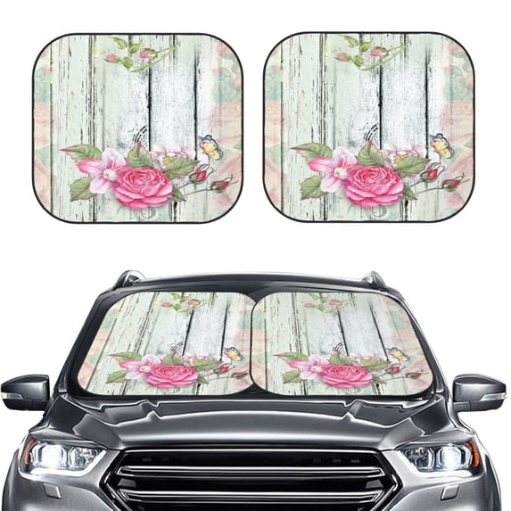 Uemuo Vintage Wood with Floral Printed 2 PCS Car Windshield Sun Shade, Auto Sun Heat and UV Rays Blocker, Foldable Automotive Front Window Sunshade Protector
