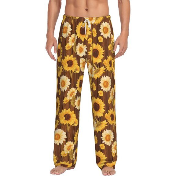 Uemuo Vintage Wood Grain Sunflower A Pattern Men's Wide Leg Palazzo Lounge Pants with Pockets Light Weight Loose Comfy Casual Pajama Pants-Small