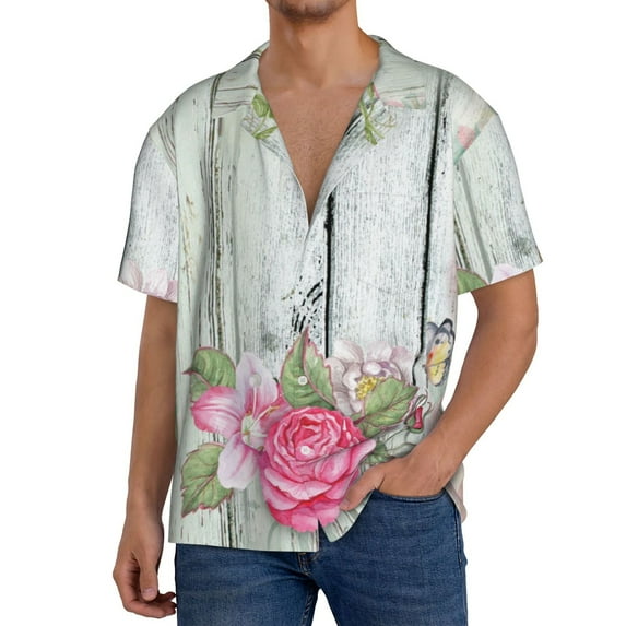 Uemuo Vintage Wood with Floral Pattern Cotton Linen Short Sleeve Shirts,Casual Lightweight Button Down Shirts,Vacation Beach Summer Tops-XX-Large