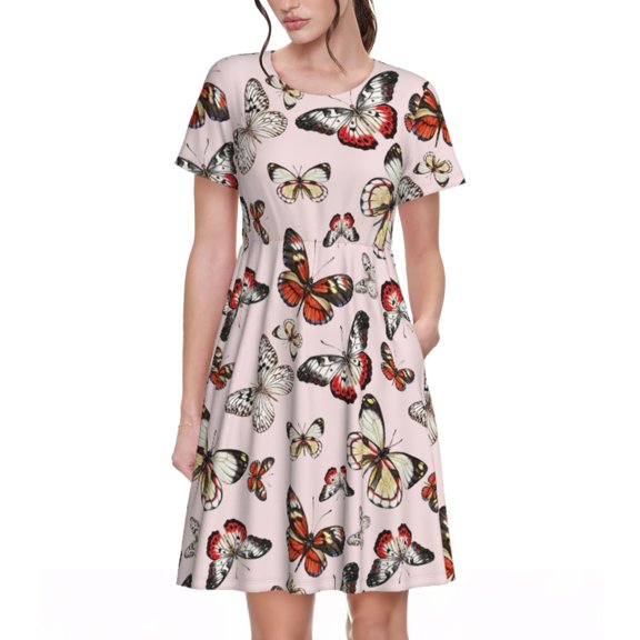 Uemuo Vintage flowers Print Womens Summer Dress Casual Swing Short Sleeve Sundresses Beach A-line Shift Dress
