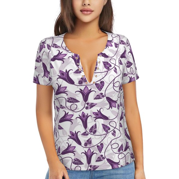 Uemuo Violets Flowers Drawing Women's Deep V-Neck Low Cut Tops - Casual Loose Fit with Stainless Steel Loop, Soft, Breathable, Perfect for Office, Travel, and Daily Wear-Large