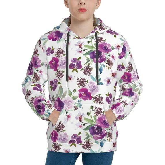 Uemuo Violets Flowers Pattern Hooded Sweatshirt for Youth Pullover with Kangaroo Pocket Trendy youth sweatshirt Casual Hoodie for Boys and Girls-Small
