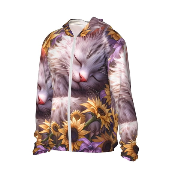 Uemuo Warm Sunflower Sleeping Cat Pattern Women's Full Zip UPF 50+ Sun Protection Hoodie Jacket Long Sleeve Sun Shirt Hiking Outdoor Performance with Pockets-Medium