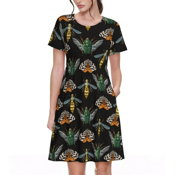 Uemuo Wasp Cockchafer Butterfly Print Womens Summer Dress Casual Swing Short Sleeve Sundresses Beach A-line Shift Dress