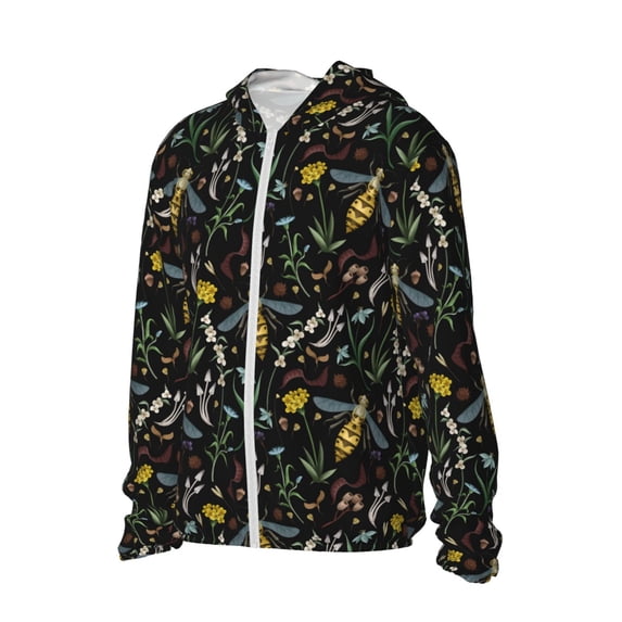Uemuo Wasp and Florals Pattern Women's Full Zip UPF 50+ Sun Protection Hoodie Jacket Long Sleeve Sun Shirt Hiking Outdoor Performance with Pockets-X-Large