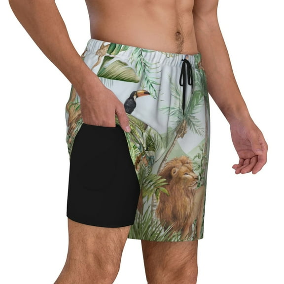Uemuo Watercolor African Animals Wildlife Pattern Mens Swim Trunks Quick Dry Board Shorts with Mesh Lining, Stretch Beach Shorts Quick Dry No-Chafing Board Shorts-Small