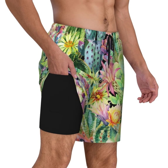 Uemuo Watercolor Blooming Cactus Pattern Mens Swim Trunks Quick Dry Board Shorts with Mesh Lining, Stretch Beach Shorts Quick Dry No-Chafing Board Shorts-Large