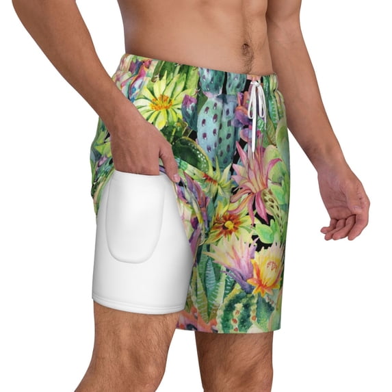 Uemuo Watercolor Blooming Cactus Pattern Mens Swim Trunks Quick Dry Board Shorts with Mesh Lining, Stretch Beach Shorts Quick Dry No-Chafing Board Shorts-Medium