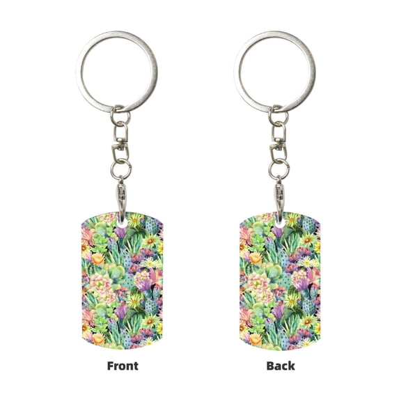 Uemuo Watercolor Blooming Cactus Pattern Rectangular Metal Keychain - Durable, Stylish, and Personalized Key Ring for Men and Women,Engraved Keychain,Gift Slim Sturdy Keychain