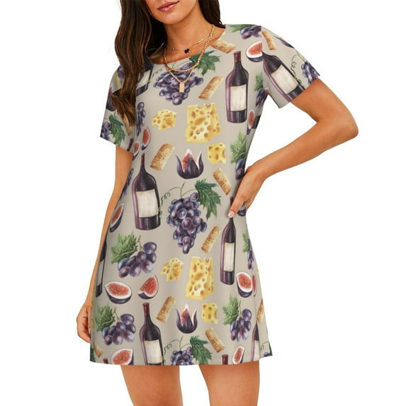 Uemuo Watercolor Bottles And Glasses Pattern Women’s Nightdress – Casual Sleep Shirt, Soft Relaxed Fit Short-Sleeved Cotton Sleepwear for Home, Bedtime, and Lounging