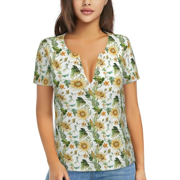 Uemuo Watercolor Bright Sunflowers Drawing Women's Deep V-Neck Low Cut Tops - Casual Loose Fit with Stainless Steel Loop, Soft, Breathable, Perfect for Office, Travel, and Daily Wear-Medium
