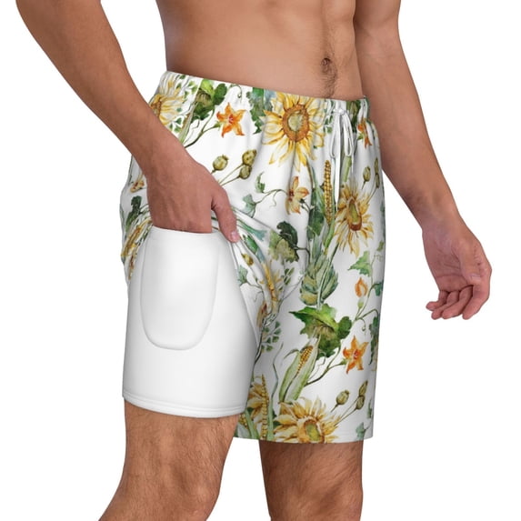 Uemuo Watercolor Bright Sunflowers Pattern Mens Swim Trunks Quick Dry Board Shorts with Mesh Lining, Stretch Beach Shorts Quick Dry No-Chafing Board Shorts-3X-Large