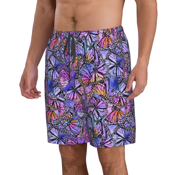 Uemuo Watercolor Butterflies Pattern Men's Swim Trunks Hawaiian Beach Bathing Suit Swimsuits Beach Quick-Dry Shorts with Pockets-Large