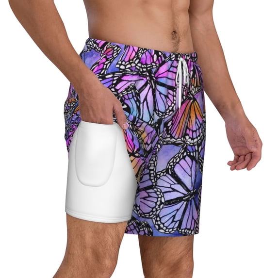 Uemuo Watercolor Butterflies Pattern Mens Swim Trunks Quick Dry Board Shorts with Mesh Lining, Stretch Beach Shorts Quick Dry No-Chafing Board Shorts-3X-Large