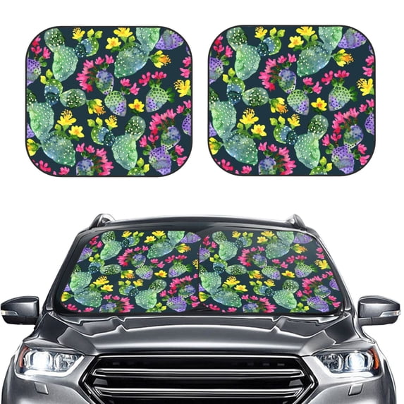 Uemuo Watercolor Cactuses Printed 2 PCS Car Windshield Sun Shade, Auto Sun Heat and UV Rays Blocker, Foldable Automotive Front Window Sunshade Protector