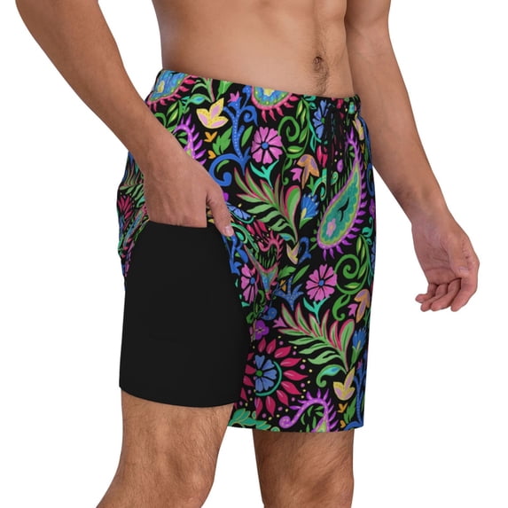 Uemuo Watercolor Floral Paisley Pattern Mens Swim Trunks Quick Dry Board Shorts with Mesh Lining, Stretch Beach Shorts Quick Dry No-Chafing Board Shorts-XX-Large