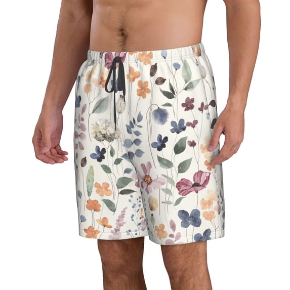 Uemuo Watercolor Floral Pattern Men's Swim Trunks Hawaiian Beach Bathing Suit Swimsuits Beach Quick-Dry Shorts with Pockets-Small
