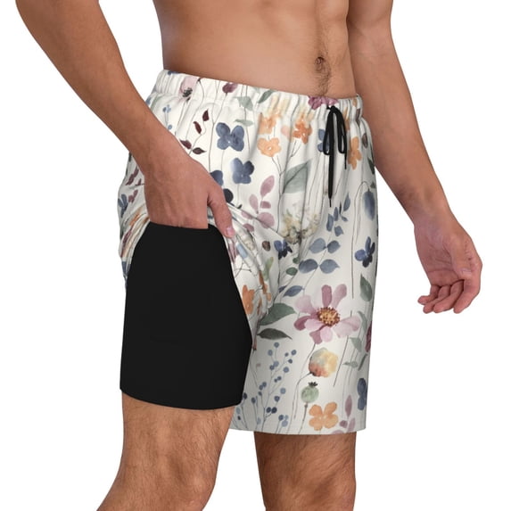 Uemuo Watercolor Floral Pattern Mens Swim Trunks Quick Dry Board Shorts with Mesh Lining, Stretch Beach Shorts Quick Dry No-Chafing Board Shorts-
