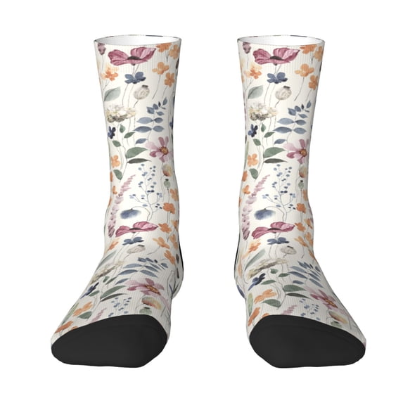Uemuo Watercolor Floral Pattern Women's Crew Socks, Soft Durable Breathable Moisture-Wicking with Odor Control Cotton socks