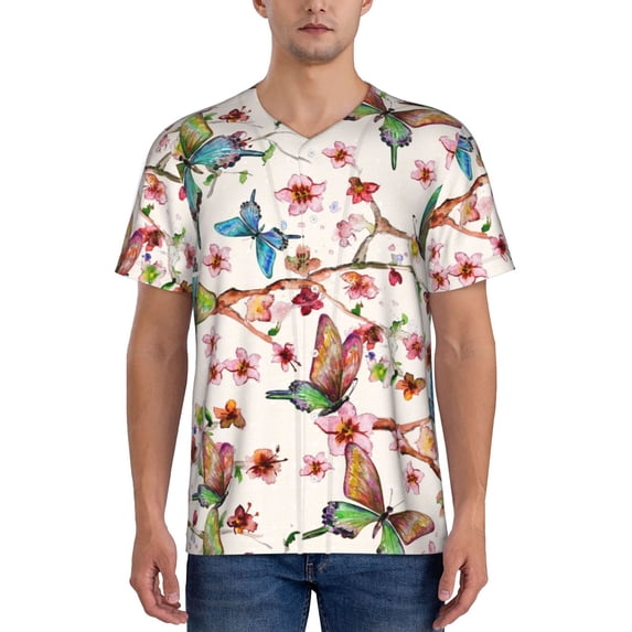 Uemuo Watercolor Floral With Butterflies Print Mens Polo Shirts Baseball T-shirt Performance Short Sleeve Golf Shirt Moisture Wicking Athletic Casual Collared T-Shirt-X-Large