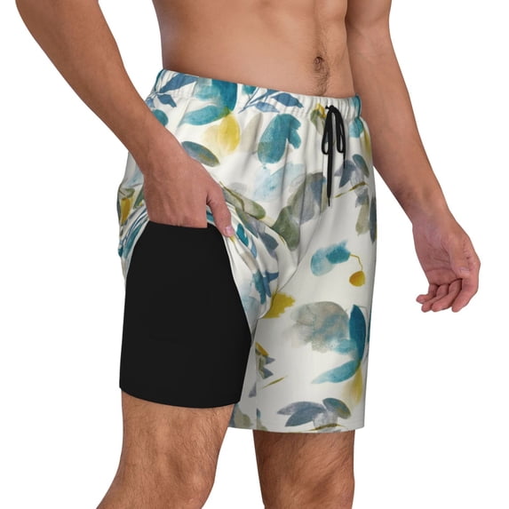 Uemuo Watercolor Leaves Pattern Mens Swim Trunks Quick Dry Board Shorts with Mesh Lining, Stretch Beach Shorts Quick Dry No-Chafing Board Shorts-X-Large