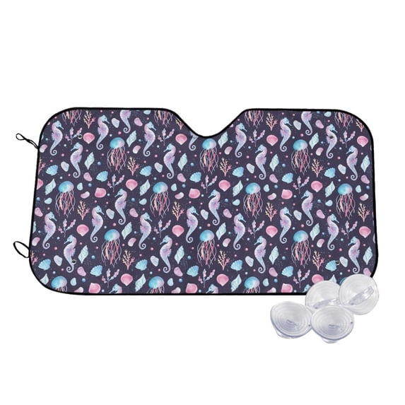 Uemuo Watercolor Marine Animals Pattern Accordion Car Windshield Sun Shade, Foldable Reflective Sun Visor for Car, Reflector Windshield Sunshade-Medium