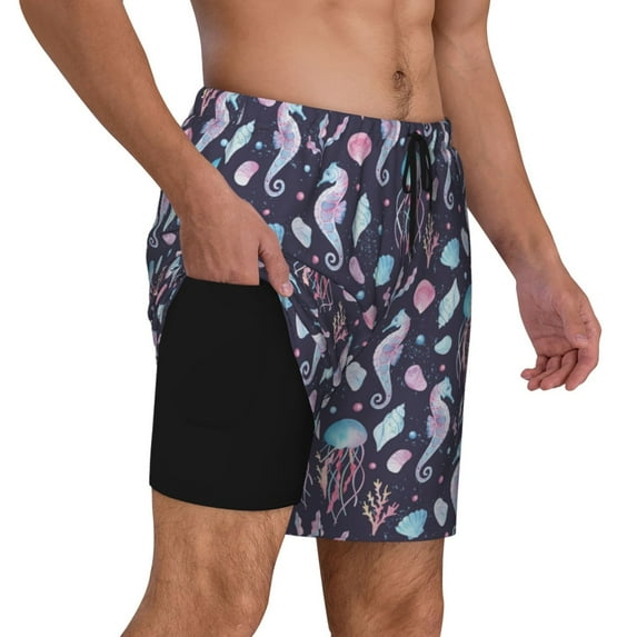 Uemuo Watercolor Marine Animals Pattern Mens Swim Trunks Quick Dry Board Shorts with Mesh Lining, Stretch Beach Shorts Quick Dry No-Chafing Board Shorts-Small