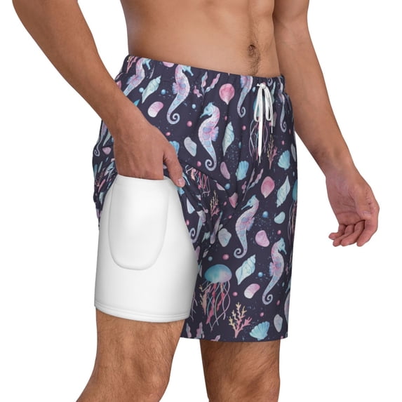 Uemuo Watercolor Marine Animals Pattern Mens Swim Trunks Quick Dry Board Shorts with Mesh Lining, Stretch Beach Shorts Quick Dry No-Chafing Board Shorts-XX-Large