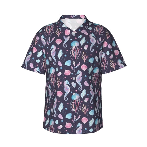 Uemuo Watercolor Marine Animals Printed Regular Fit Short Sleeve Casual Hawaiian Shirt for Men,Aloha shirt,Tropical shirt,Floral print shirt,Vacation Beach shirt-Small