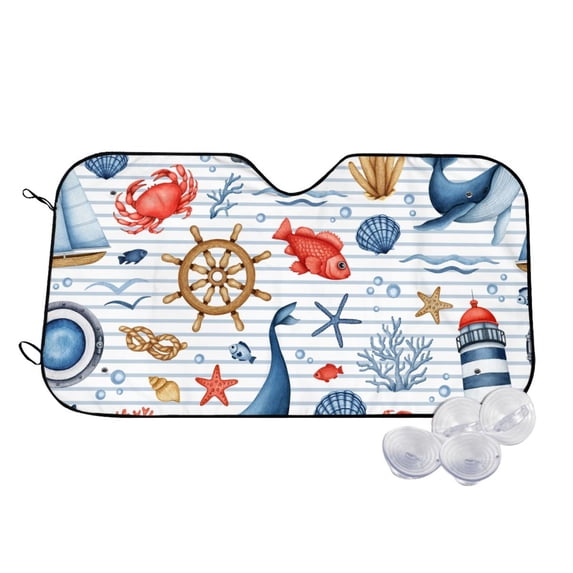 Uemuo Watercolor Nautical Pattern Accordion Car Windshield Sun Shade, Foldable Reflective Sun Visor for Car, Reflector Windshield Sunshade-Medium