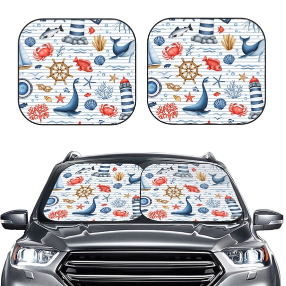 Uemuo Watercolor Nautical Printed 2 PCS Car Windshield Sun Shade, Auto Sun Heat and UV Rays Blocker, Foldable Automotive Front Window Sunshade Protector