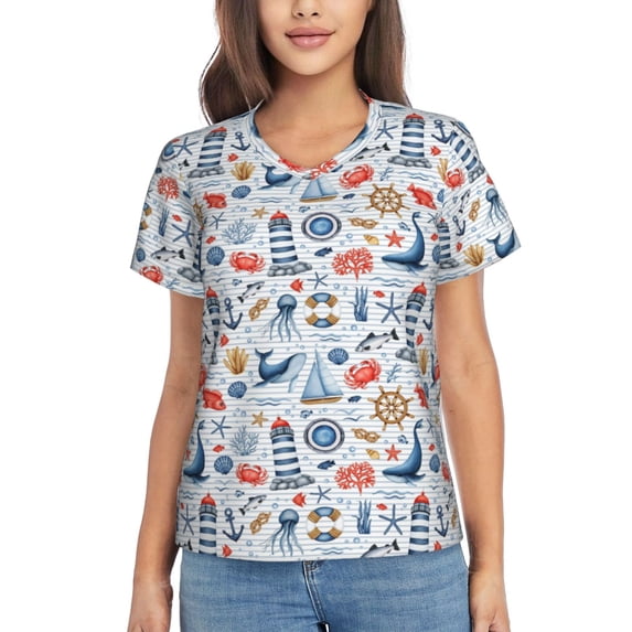 Uemuo Watercolor Nautical Printed Women's Classic V-Neck T-Shirt - Soft, Breathable, Moisture-Wicking, Perfect for Casual, Office, Travel, and Everyday Wear-Small