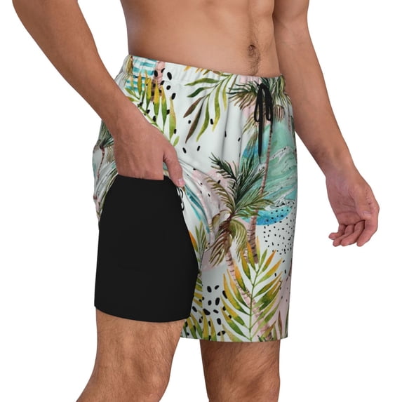 Uemuo Watercolor Palm Tree Pattern Mens Swim Trunks Quick Dry Board Shorts with Mesh Lining, Stretch Beach Shorts Quick Dry No-Chafing Board Shorts-Small