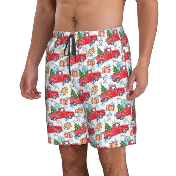 Uemuo Watercolor Red Truck And Fir Tree Pattern Men's Swim Trunks Hawaiian Beach Bathing Suit Swimsuits Beach Quick-Dry Shorts with Pockets-Medium