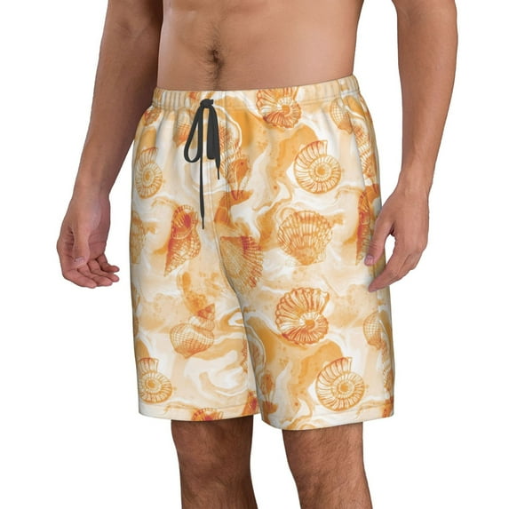 Uemuo Watercolor Sea Shells Pattern Men's Swim Trunks Hawaiian Beach Bathing Suit Swimsuits Beach Quick-Dry Shorts with Pockets-X-Large