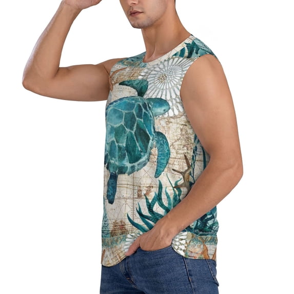 Uemuo Watercolor Sea Turtle Pattern Men's Sleeveless T-Shirt,Muscle Athletic Tank Top, Moisture-wicking Quick-dry Breathable Classic Tee Top for Gym Run Outdoor Sports-Medium