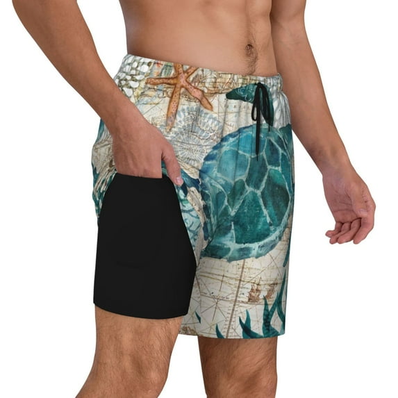 Uemuo Watercolor Sea Turtle Pattern Mens Swim Trunks Quick Dry Board Shorts with Mesh Lining, Stretch Beach Shorts Quick Dry No-Chafing Board Shorts-Medium
