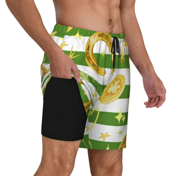 Uemuo Watercolor St Patrick Day Pattern Mens Swim Trunks Quick Dry Board Shorts with Mesh Lining, Stretch Beach Shorts Quick Dry No-Chafing Board Shorts-X-Large