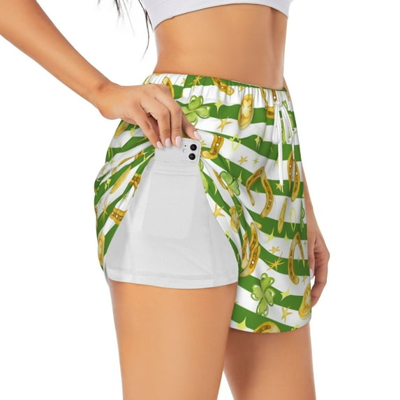 Uemuo Watercolor St Patrick Day Pattern Women's Athletic Shorts High Waisted Running Shorts with Liner Pockets Gym Elastic Workout Shorts-Small
