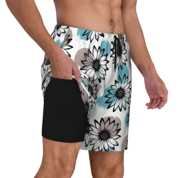 Uemuo Watercolor Sunflower Pattern Mens Swim Trunks Quick Dry Board Shorts with Mesh Lining, Stretch Beach Shorts Quick Dry No-Chafing Board Shorts-3X-Large