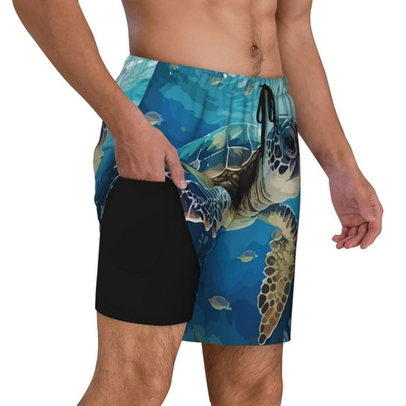 Uemuo Watercolor Turtle Pattern Mens Swim Trunks Quick Dry Board Shorts with Mesh Lining, Stretch Beach Shorts Quick Dry No-Chafing Board Shorts-XX-Large