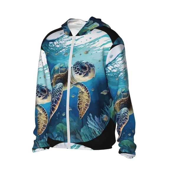 Uemuo Watercolor Turtle4 Pattern Women's Full Zip UPF 50+ Sun Protection Hoodie Jacket Long Sleeve Sun Shirt Hiking Outdoor Performance with Pockets-Medium